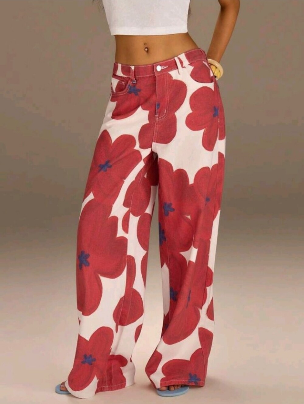 Denim Women's Casual Floral Print Low Waist Wide Leg Denim Jeans